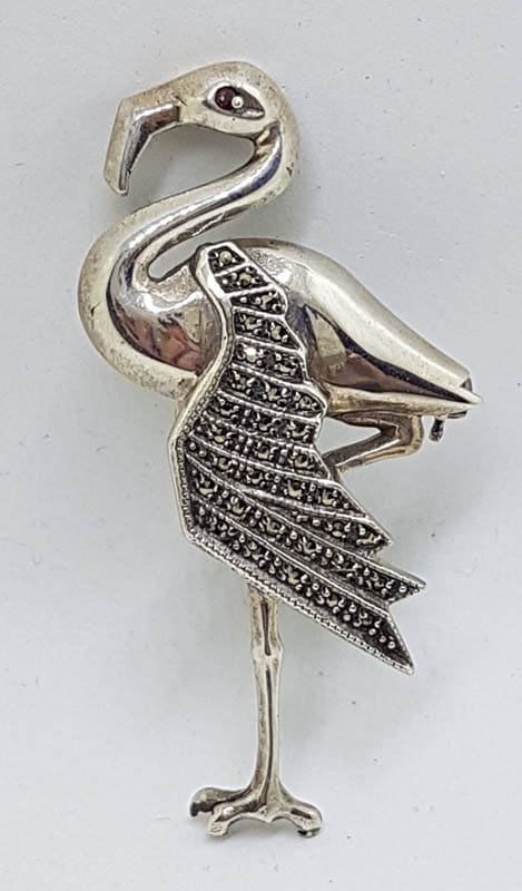 Sterling Silver Marcasite Flamingo / Heron / Bird Brooch with Garnet Eye