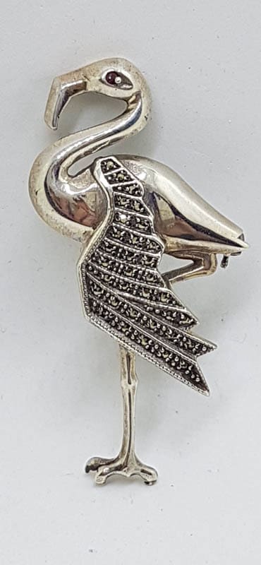 Sterling Silver Marcasite Flamingo / Heron / Bird Brooch with Garnet Eye