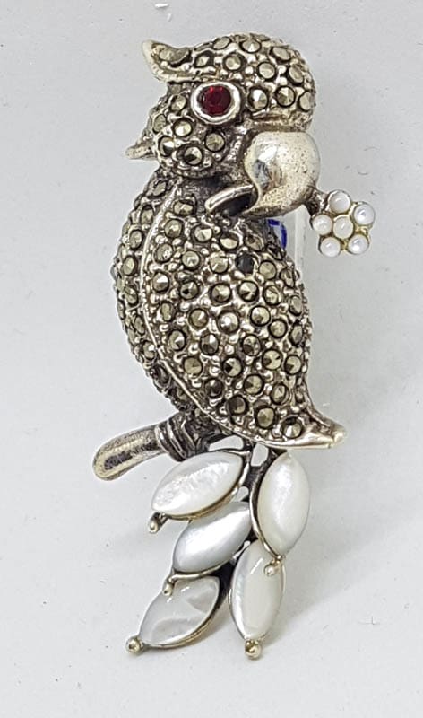 Sterling Silver Marcasite and Mother of Pearl Parrot / Bird / Cockatoo / Cockatiel Brooch