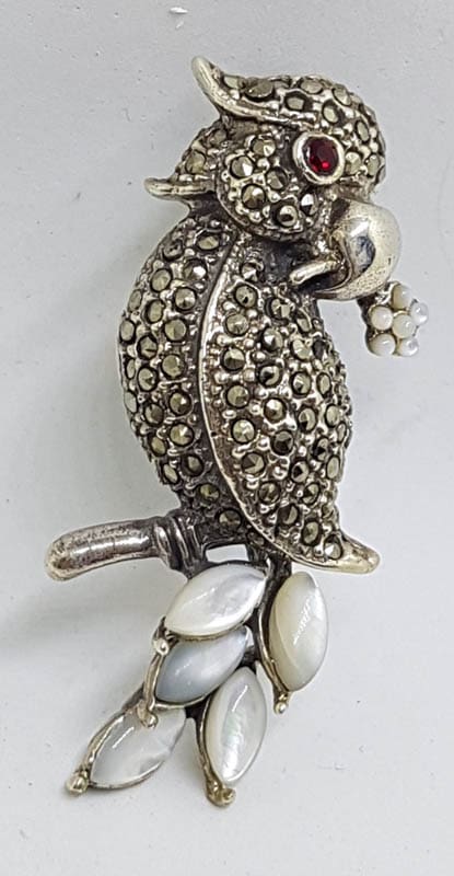 Sterling Silver Marcasite and Mother of Pearl Parrot / Bird / Cockatoo / Cockatiel Brooch