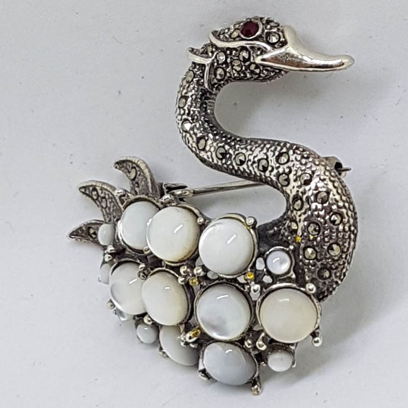 Sterling Silver Marcasite and Mother of Pearl Large Swan Brooch - Bird