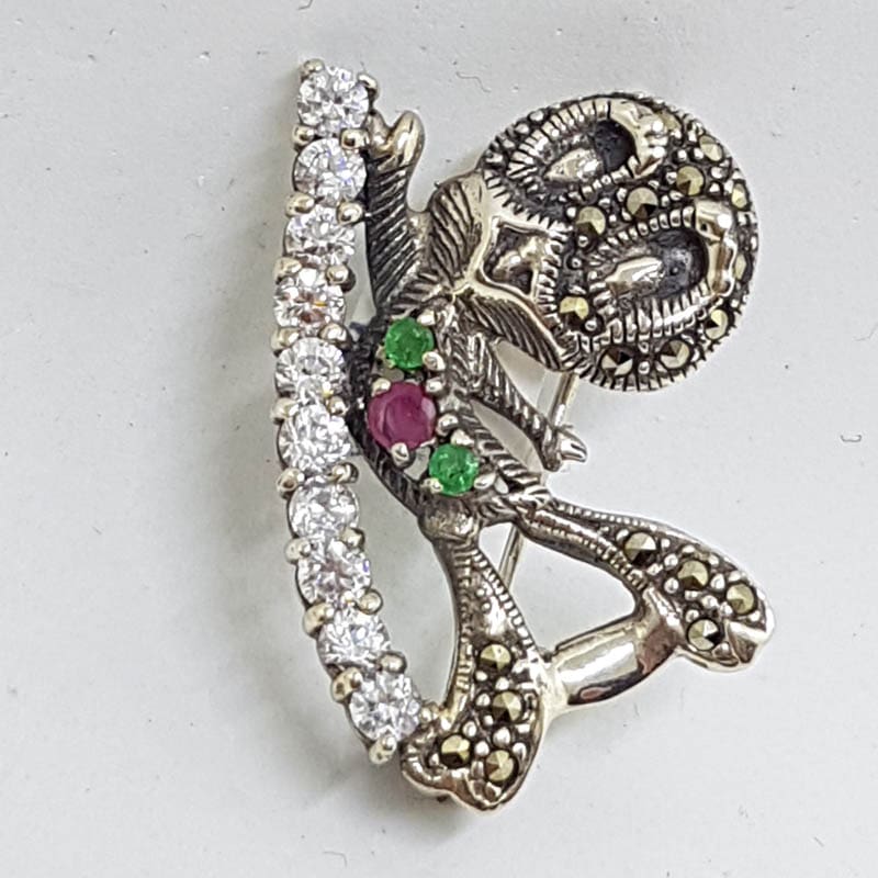 Sterling Silver Marcasite, CZ, Ruby and Emerald Tweety Bird Brooch