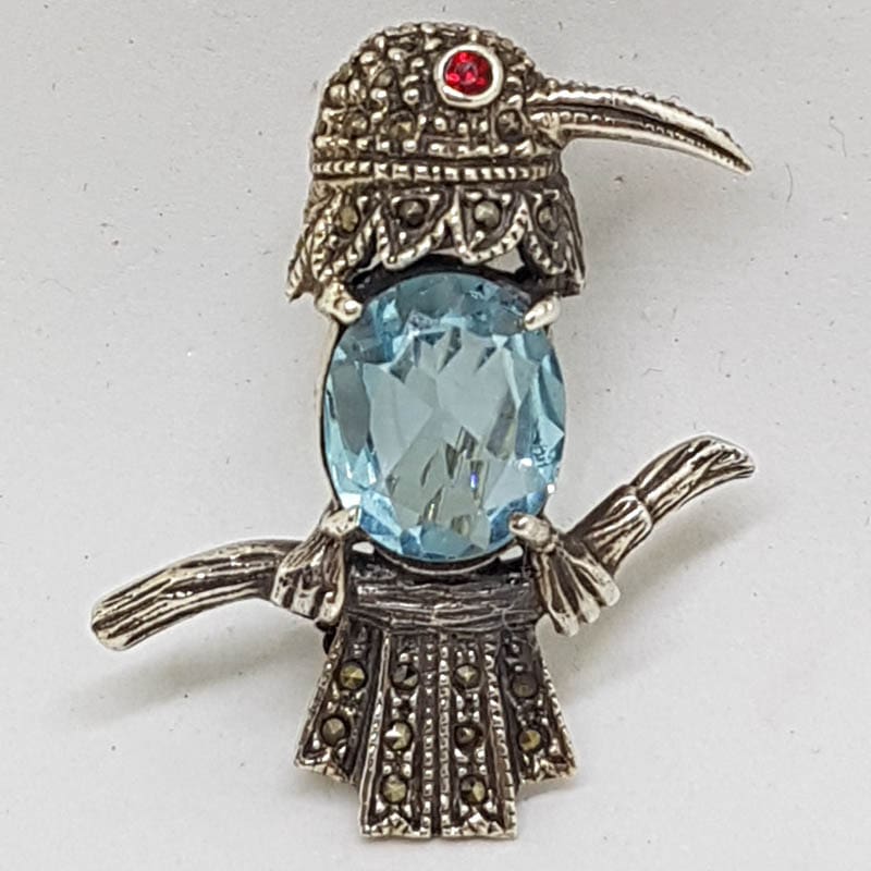 Sterling Silver Marcasite Bird on Branch with Blue Brooch