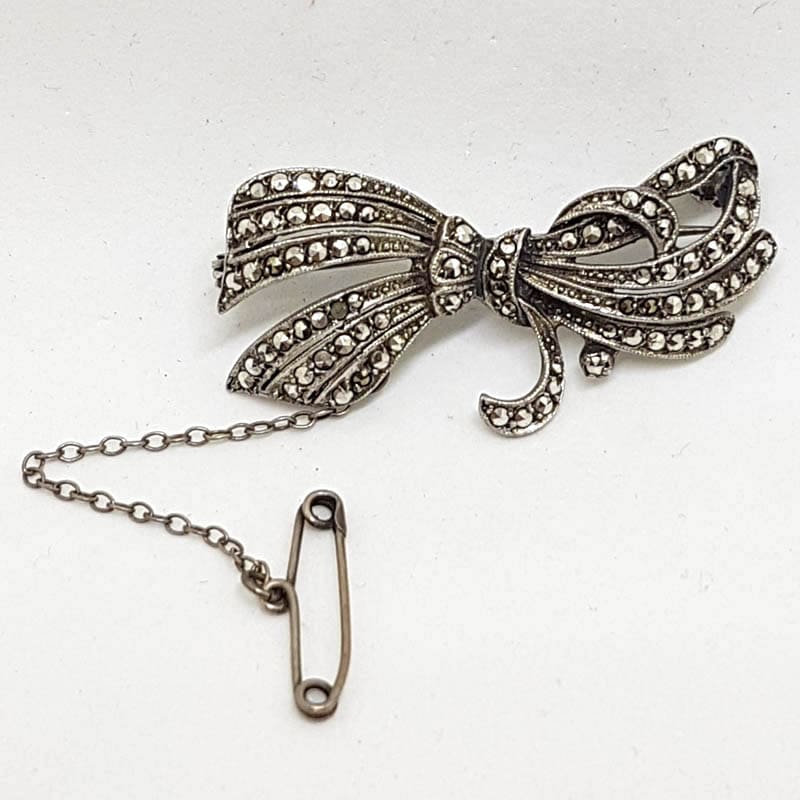 Sterling Silver Vintage Marcasite Large Ornate Bow Design Brooch