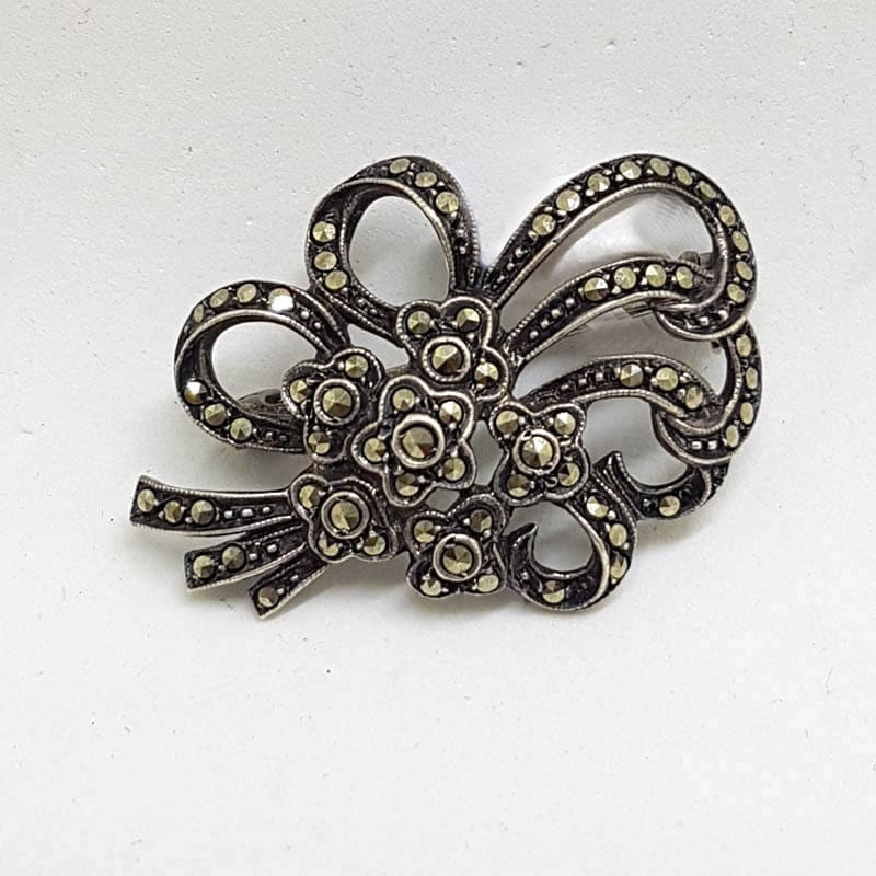 Sterling Silver Marcasite Floral Bow Brooch - Vintage