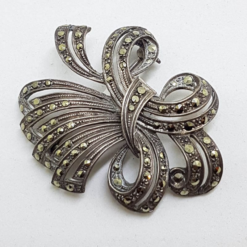 Sterling Silver Vintage Marcasite Large Ornate Bow Brooch