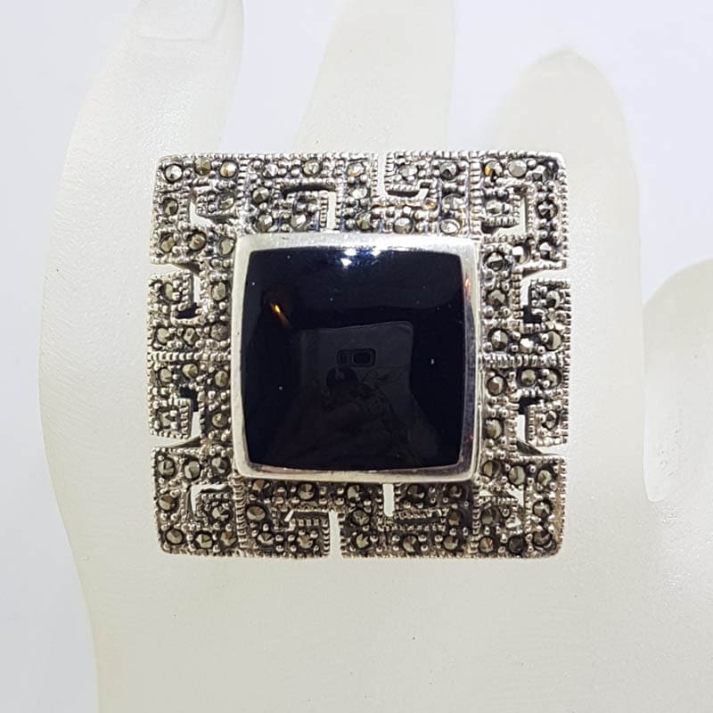 Sterling Silver Marcasite and Onyx Very Large Square Greek Key Design Ring