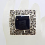Sterling Silver Marcasite and Onyx Very Large Square Greek Key Design Ring