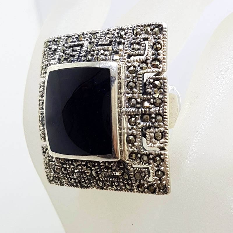 Sterling Silver Marcasite and Onyx Very Large Square Greek Key Design Ring