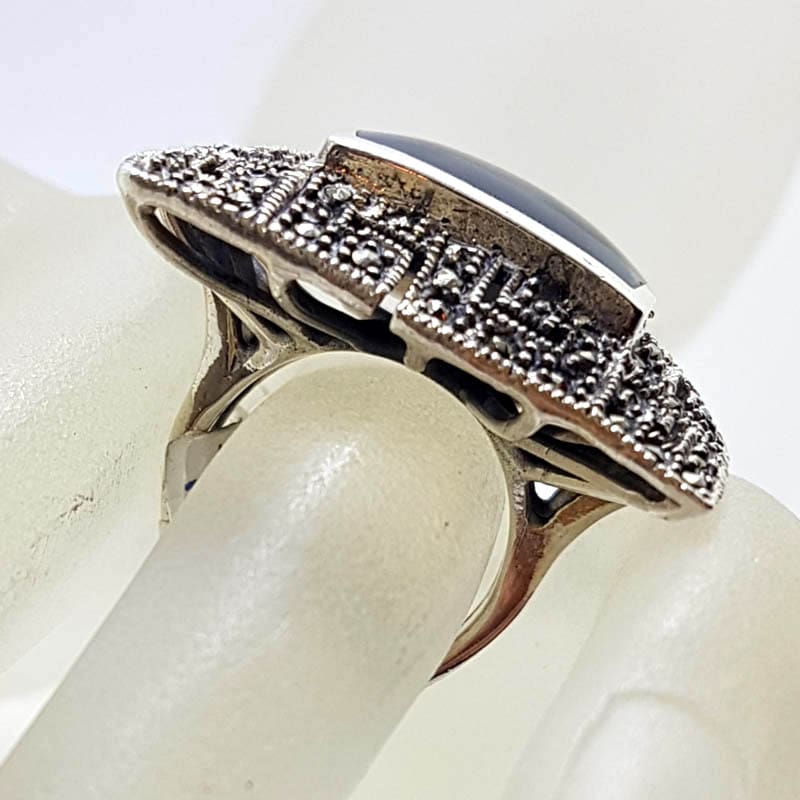 Sterling Silver Marcasite and Onyx Very Large Square Greek Key Design Ring