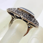 Sterling Silver Marcasite and Onyx Very Large Square Greek Key Design Ring