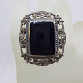 Sterling Silver Marcasite &amp; Onyx Very Large Rectangular Ornate Filigree Ring