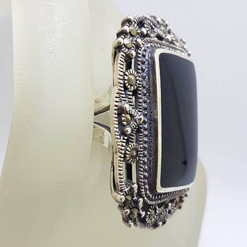 Sterling Silver Marcasite &amp; Onyx Very Large Rectangular Ornate Filigree Ring