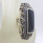 Sterling Silver Marcasite &amp; Onyx Very Large Rectangular Ornate Filigree Ring
