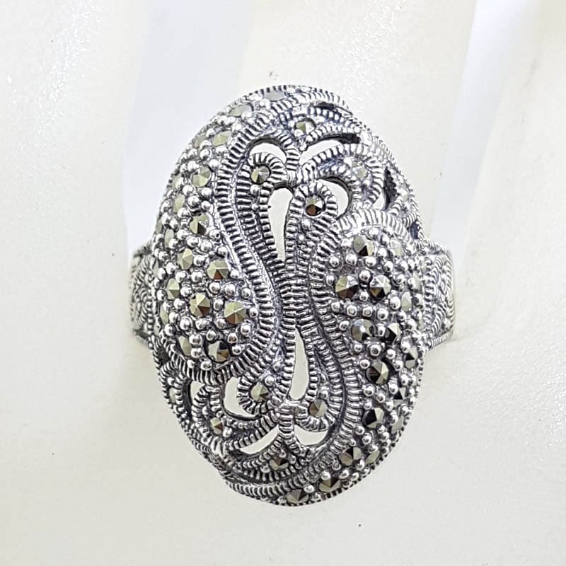 Sterling Silver Marcasite Large Oval Ornate Filigree Ring