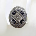 Sterling Silver Marcasite &amp; Onyx Large Ornate Oval Ring