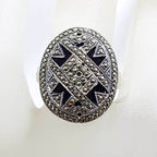 Sterling Silver Marcasite &amp; Onyx Large Ornate Oval Ring