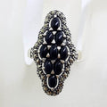 Sterling Silver Marcasite &amp; Onyx Long Marquis Shape Cluster Ring