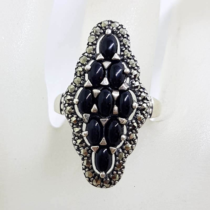 Sterling Silver Marcasite &amp; Onyx Long Marquis Shape Cluster Ring