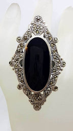 Sterling Silver Marcasite &amp; Onyx Very Big and Long Oval in Ornate Marquis Shape Ring - Stunning!