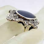 Sterling Silver Marcasite &amp; Onyx Very Big and Long Oval in Ornate Marquis Shape Ring - Stunning!