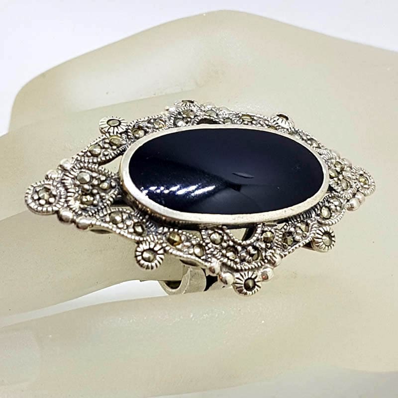 Sterling Silver Marcasite &amp; Onyx Very Big and Long Oval in Ornate Marquis Shape Ring - Stunning!