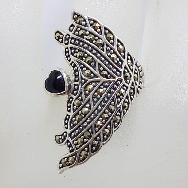 Sterling Silver Marcasite &amp; Onyx Long Heart / Leaf Ring