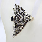 Sterling Silver Marcasite &amp; Onyx Long Heart / Leaf Ring