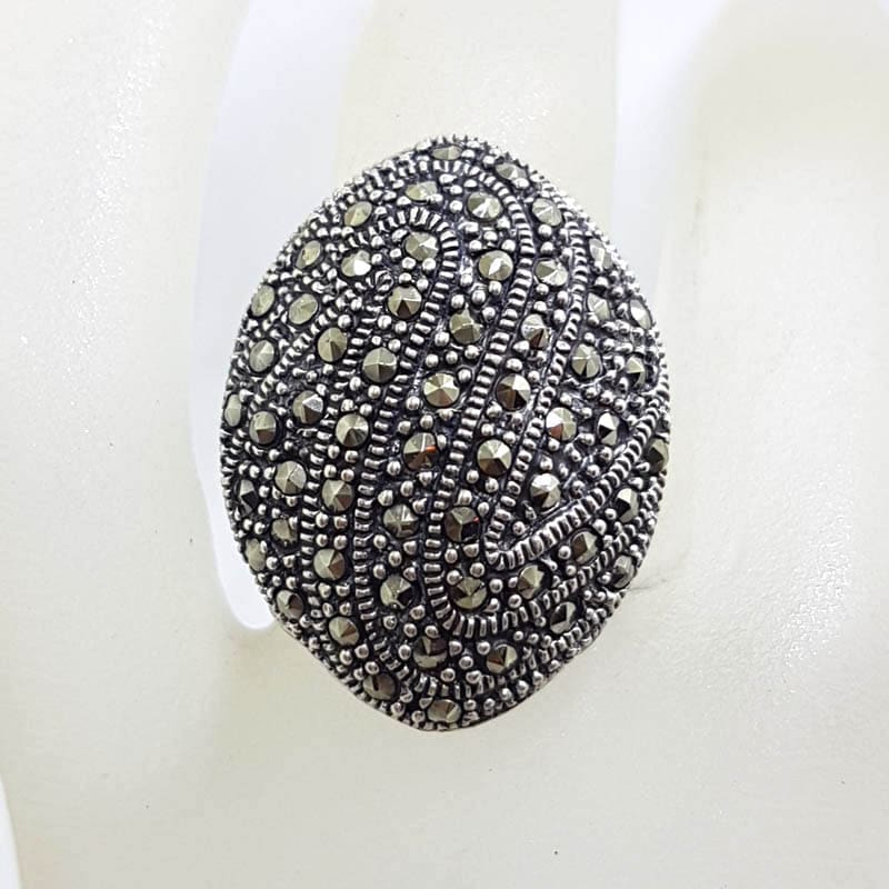 Sterling Silver Marcasite Very Large Ornate Oval Cluster with Filigree Sides Ring