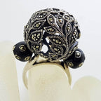 Sterling Silver Marcasite &amp; Onyx Ornate Filigree Large Ball Ring - Black Enamel