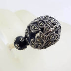 Sterling Silver Marcasite &amp; Onyx Ornate Filigree Large Ball Ring - Black Enamel