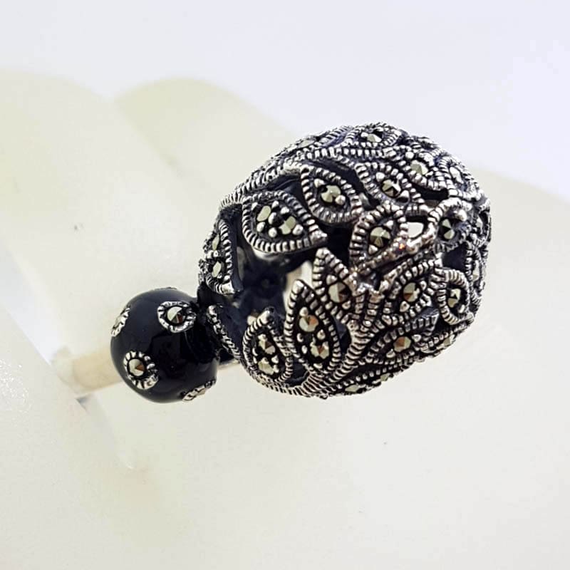 Sterling Silver Marcasite &amp; Onyx Ornate Filigree Large Ball Ring - Black Enamel