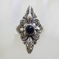 Sterling Silver Marcasite &amp; Onyx Ornate Long Elongated Ring