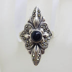 Sterling Silver Marcasite &amp; Onyx Ornate Long Elongated Ring