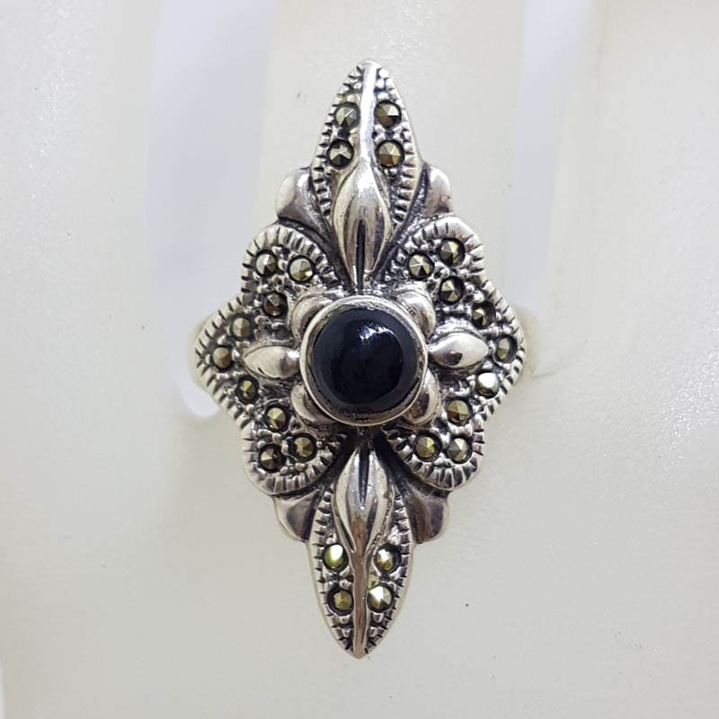 Sterling Silver Marcasite &amp; Onyx Ornate Long Elongated Ring