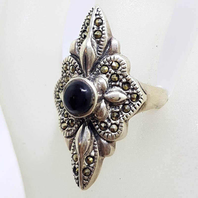 Sterling Silver Marcasite &amp; Onyx Ornate Long Elongated Ring