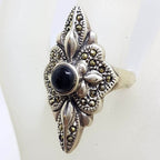 Sterling Silver Marcasite &amp; Onyx Ornate Long Elongated Ring