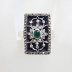 Sterling Silver Marcasite, Green Agate / Onyx &amp; Black Onyx Ornate Filigree Ring - Art Deco Style