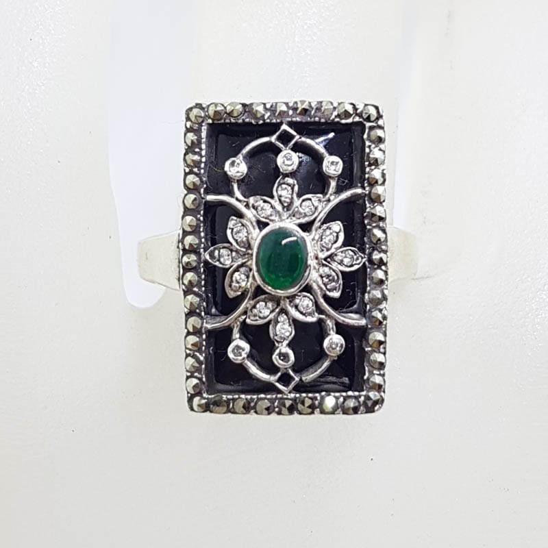 Sterling Silver Marcasite, Green Agate / Onyx &amp; Black Onyx Ornate Filigree Ring - Art Deco Style