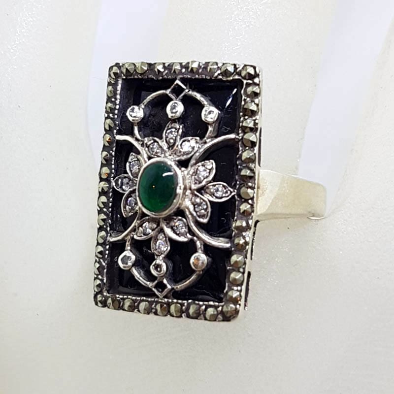 Sterling Silver Marcasite, Green Agate / Onyx &amp; Black Onyx Ornate Filigree Ring - Art Deco Style