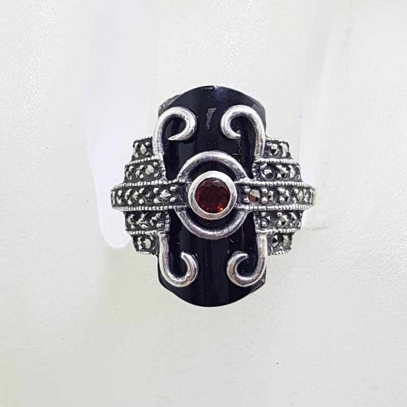 Sterling Silver Marcasite, Garnet &amp; Onyx Ring - Art Deco Style