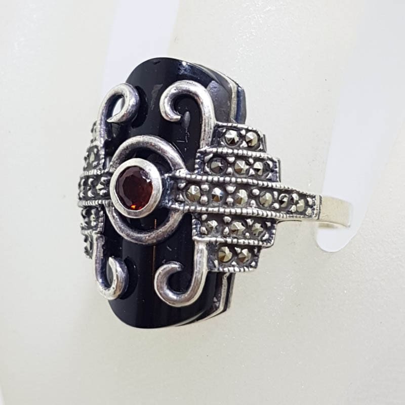 Sterling Silver Marcasite, Garnet &amp; Onyx Ring - Art Deco Style
