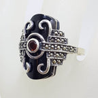 Sterling Silver Marcasite, Garnet &amp; Onyx Ring - Art Deco Style