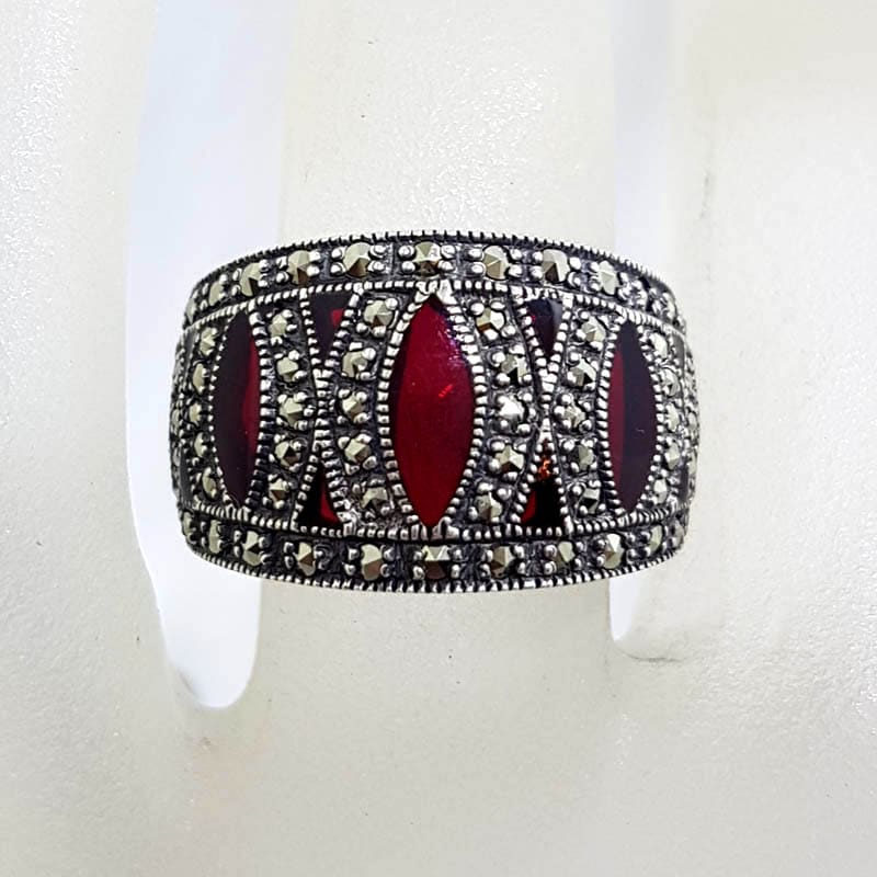 Sterling Silver Rich Red Enamel and Marcasite Wide Band Ring