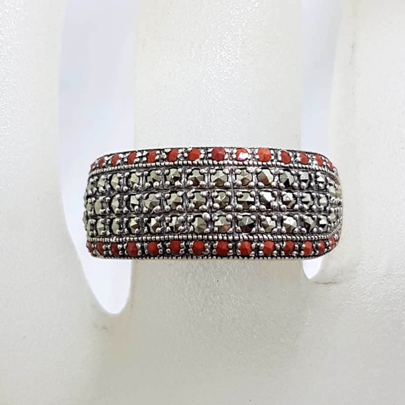 Sterling Silver Marcasite and Red Jasper Wide Band Ring