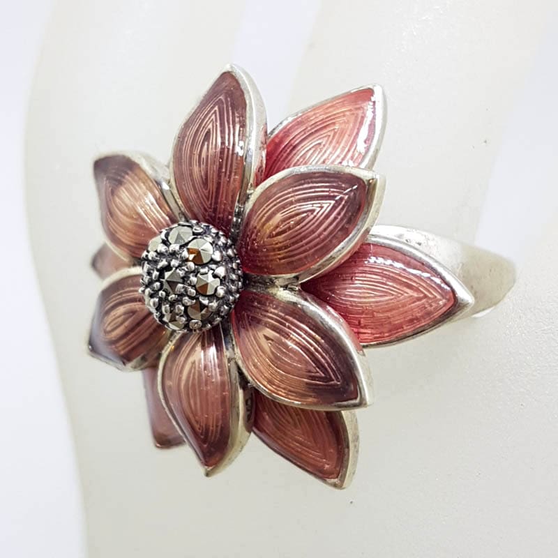 Sterling Silver Pink Enamel and Marcasite Large Flower Ring