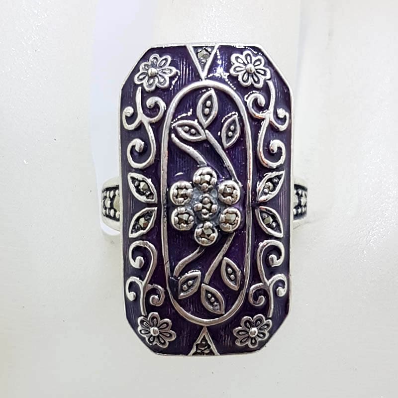 Sterling Silver Marcasite Long Rectangular Ornate Dark Purple Enamel Floral Design Ring