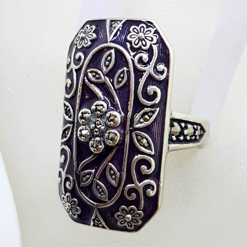 Sterling Silver Marcasite Long Rectangular Ornate Dark Purple Enamel Floral Design Ring