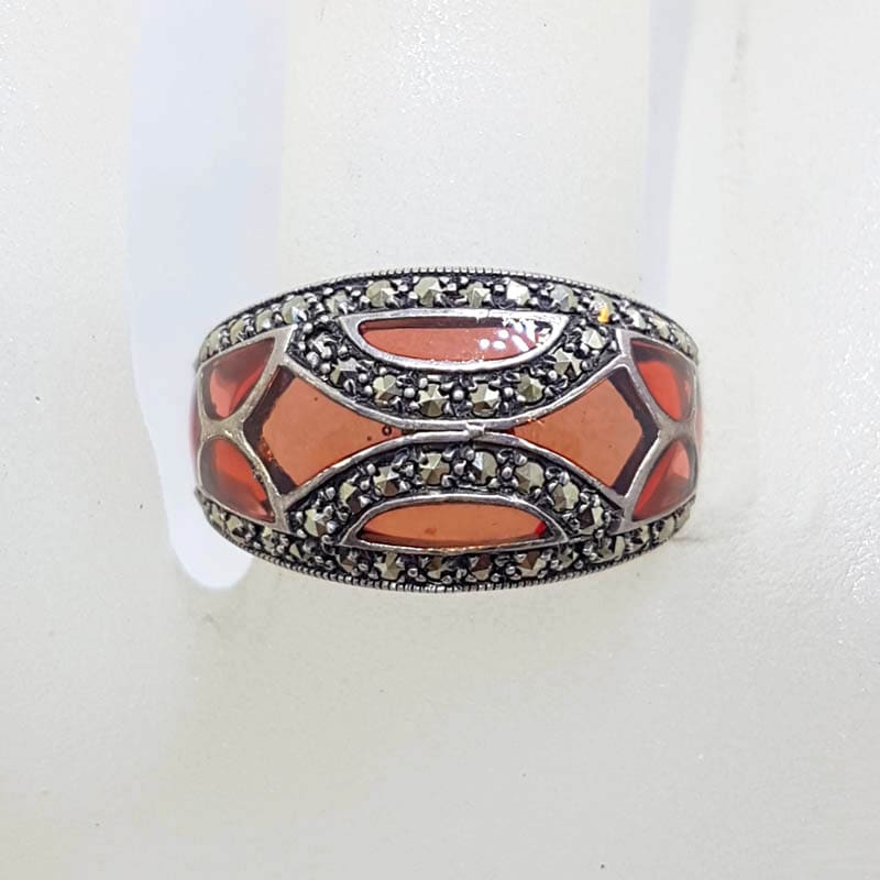 Sterling Silver Red Enamel and Marcasite Ring