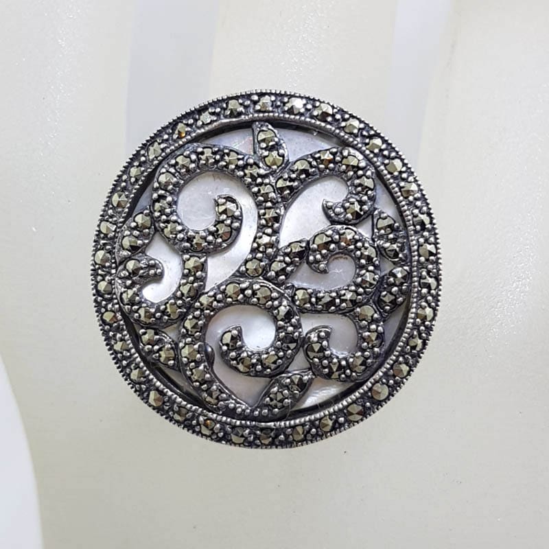 Sterling Silver Very Large Ornate Marcasite over Mother of Pearl Round Ring